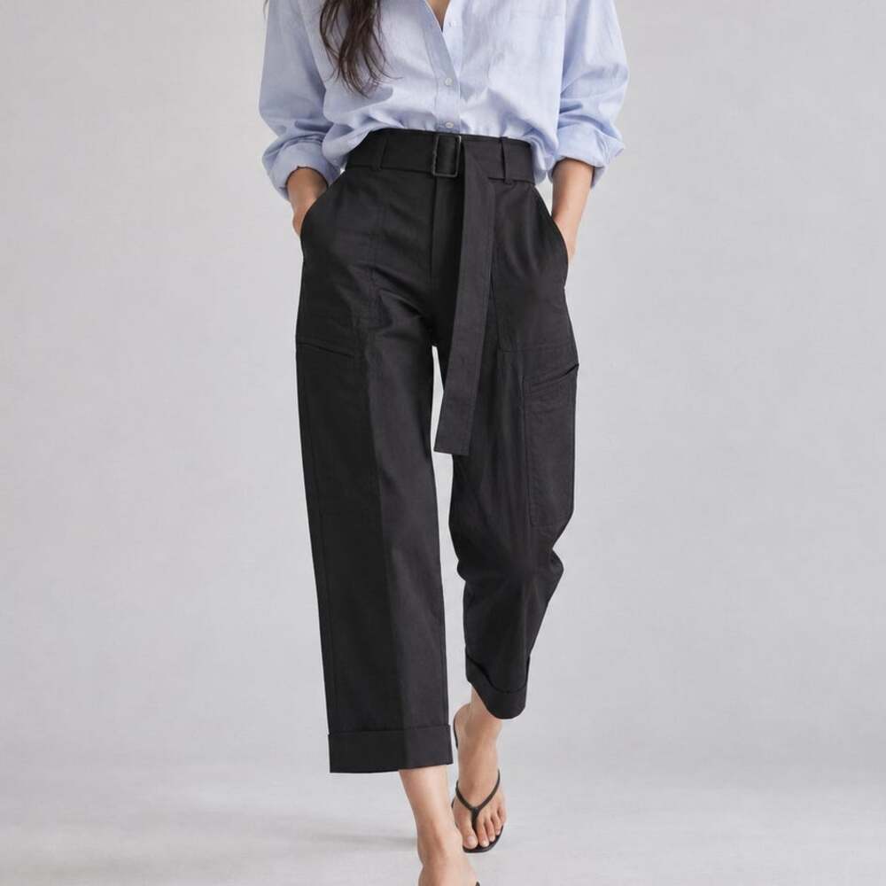 Vince Linen Blend Belted Cargo Cropped Pants Black Size M